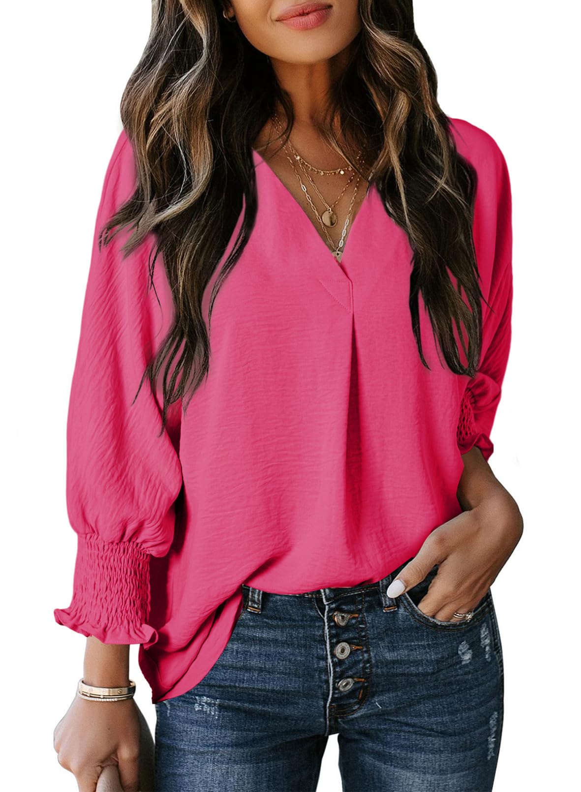 Damen lässige 3/4-Arm V-Ausschnitt Basic-Oberteile (3 kaufen, kostenloser Versand)