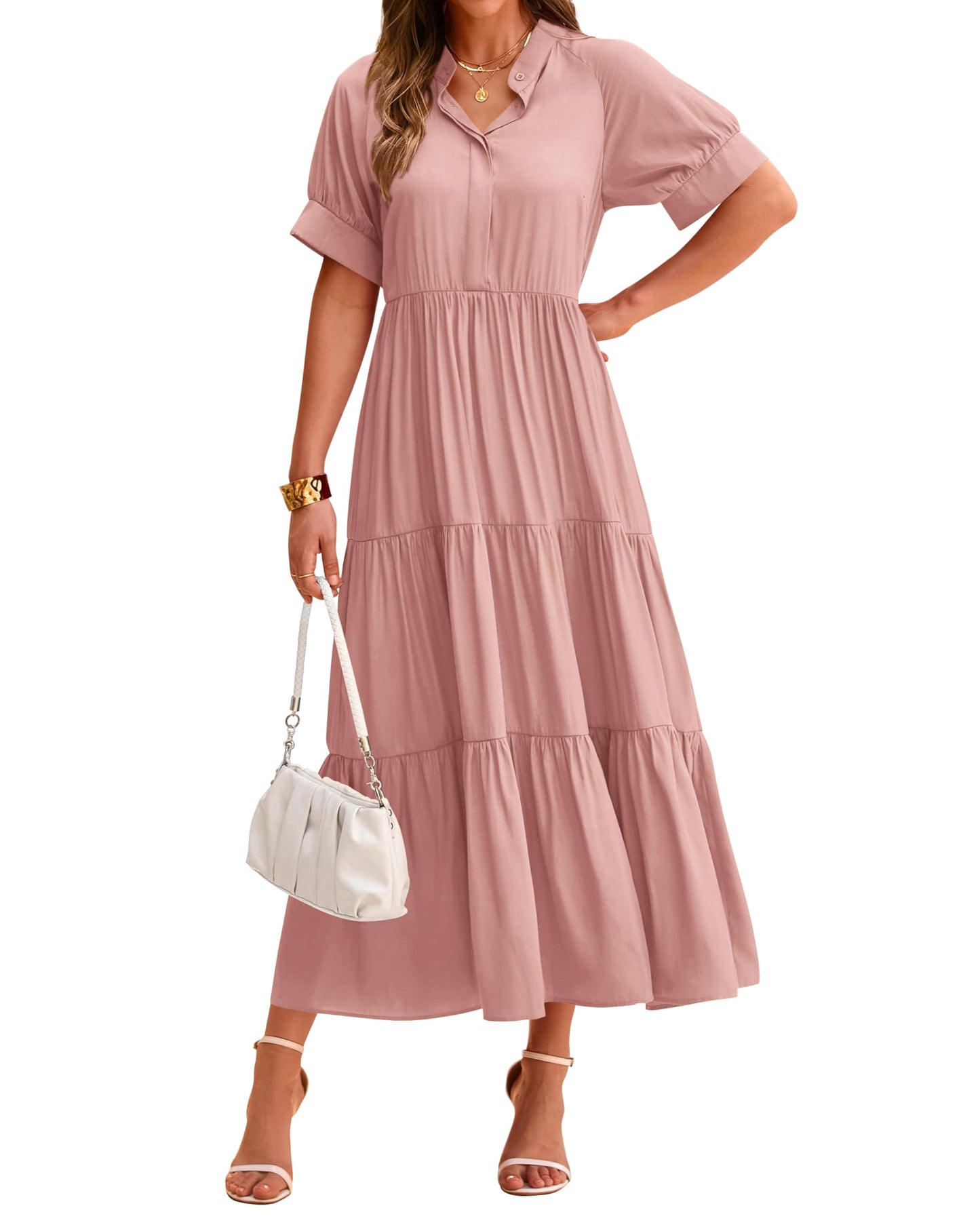 Damen Freizeit-Midi-Kleid mit kurzen Ärmeln, Knopfleiste und Plisseestufen (2 kaufen, kostenloser Versand)