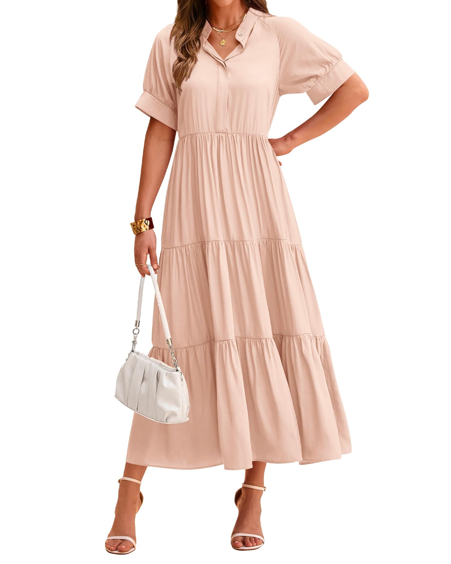 Damen Freizeit-Midi-Kleid mit kurzen Ärmeln, Knopfleiste und Plisseestufen (2 kaufen, kostenloser Versand)