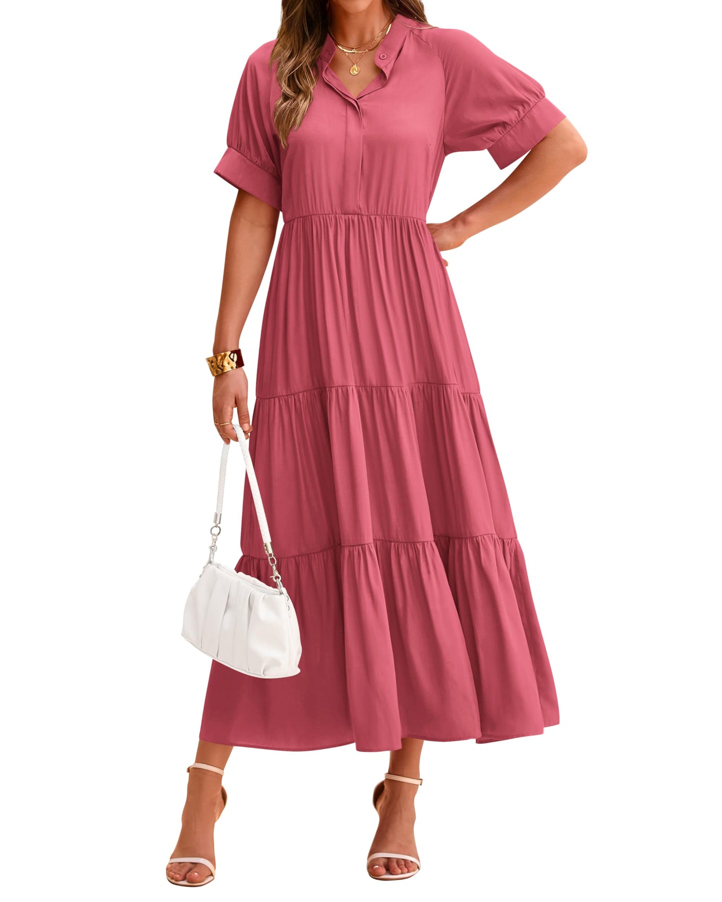 Damen Freizeit-Midi-Kleid mit kurzen Ärmeln, Knopfleiste und Plisseestufen (2 kaufen, kostenloser Versand)