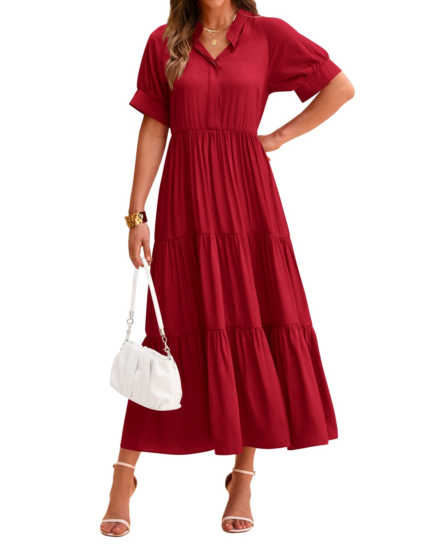 Damen Freizeit-Midi-Kleid mit kurzen Ärmeln, Knopfleiste und Plisseestufen (2 kaufen, kostenloser Versand)