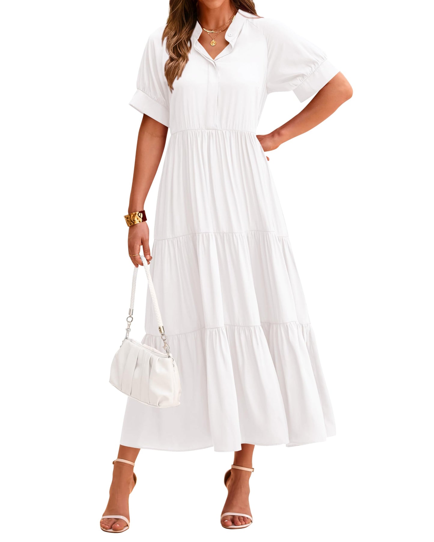 Damen Freizeit-Midi-Kleid mit kurzen Ärmeln, Knopfleiste und Plisseestufen (2 kaufen, kostenloser Versand)