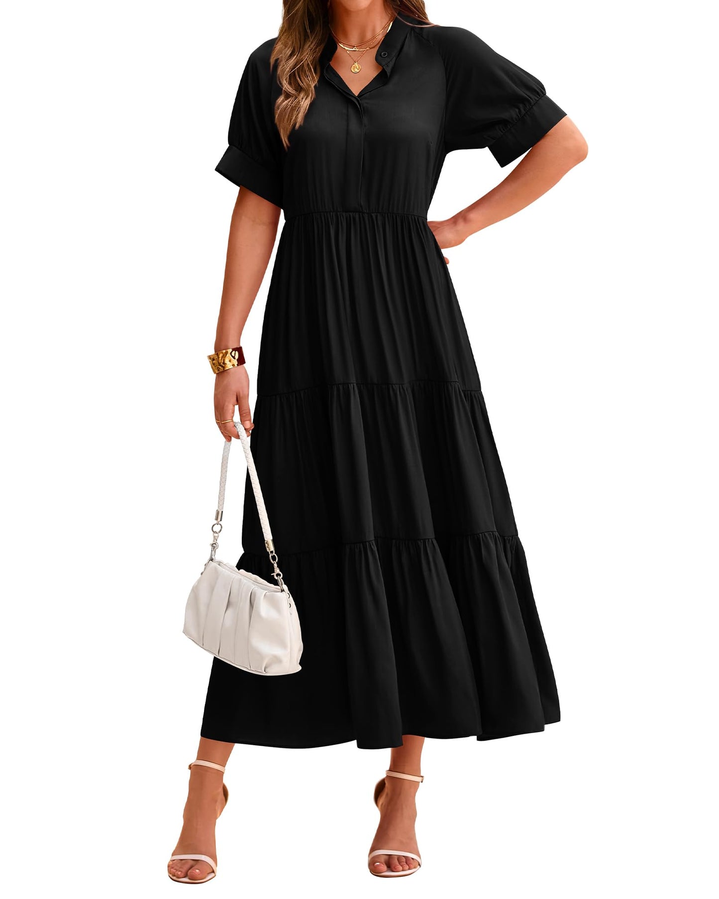 Damen Freizeit-Midi-Kleid mit kurzen Ärmeln, Knopfleiste und Plisseestufen (2 kaufen, kostenloser Versand)