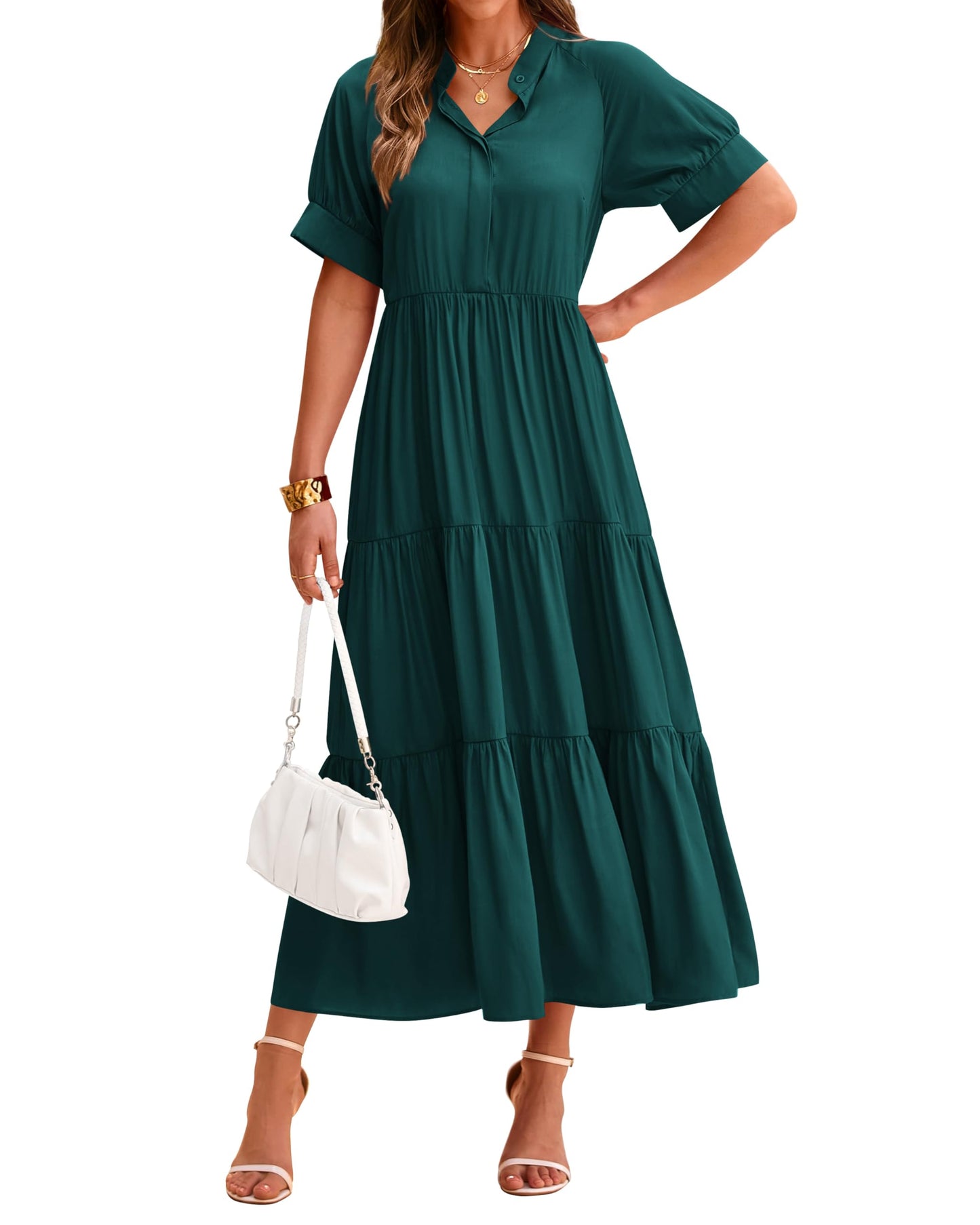 Damen Freizeit-Midi-Kleid mit kurzen Ärmeln, Knopfleiste und Plisseestufen (2 kaufen, kostenloser Versand)