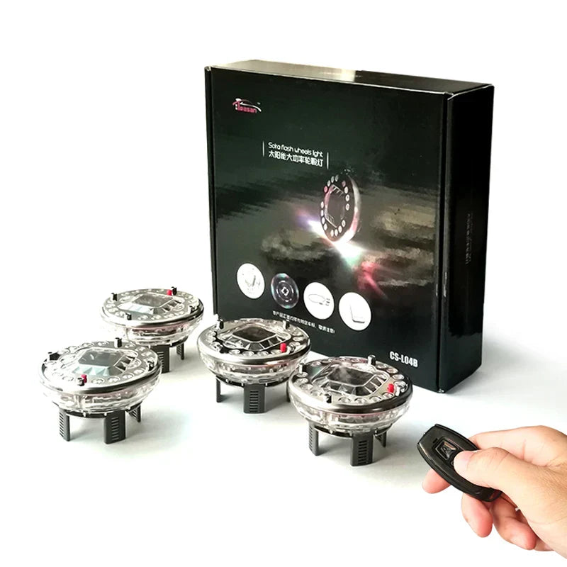 4PCS Universal RGB LED Car Wheel Hub Lights – Solar & Remote Control