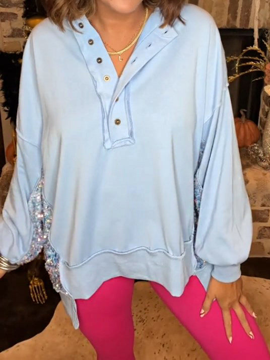 Damen Pailletten Colorblock Henley Sweatshirt (Kaufe 2 versandkostenfrei)