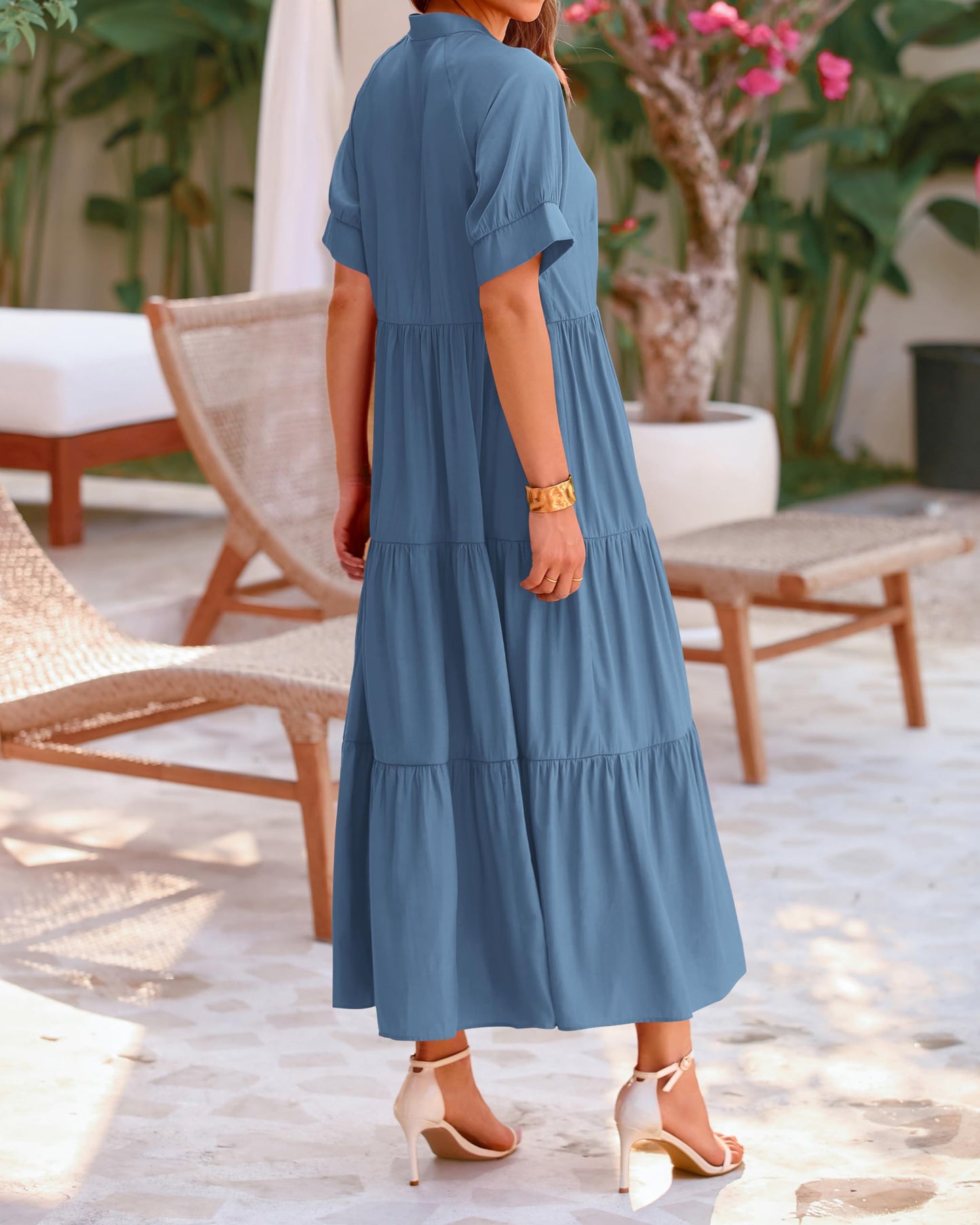 Damen Freizeit-Midi-Kleid mit kurzen Ärmeln, Knopfleiste und Plisseestufen (2 kaufen, kostenloser Versand)
