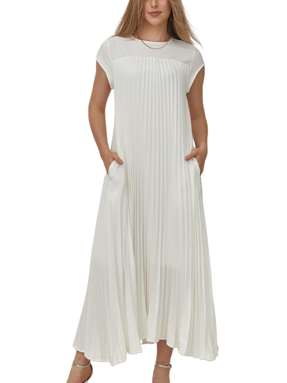 Damen Maxikleid mit Kappärmeln, plissiert, fließend (2 kaufen, kostenloser Versand)