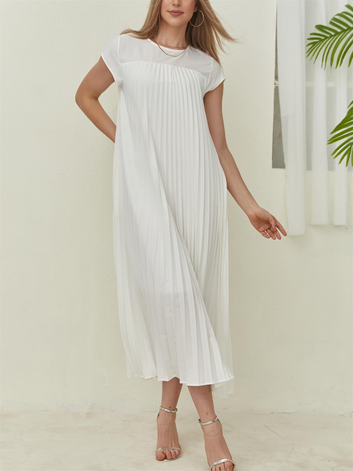 Damen Maxikleid mit Kappärmeln, plissiert, fließend (2 kaufen, kostenloser Versand)