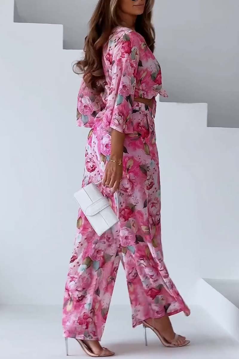 Damen Zweiteiliges Set mit lässiger Blumenhose mit weitem Bein