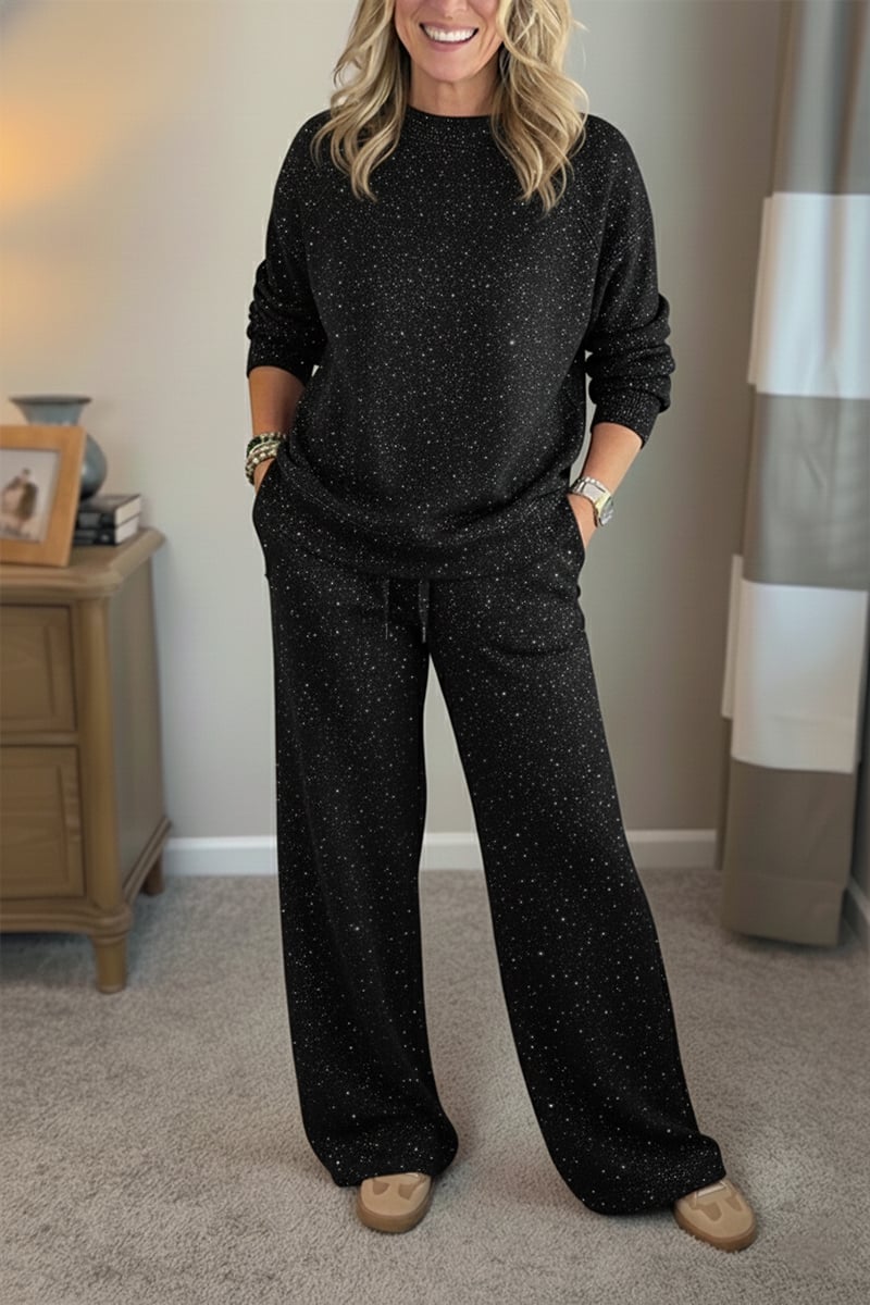 🎄 New Arrivals🔥 Cozy Travel Crew Neck Shiny Sweatshirt and Pant 2 Piece Sets