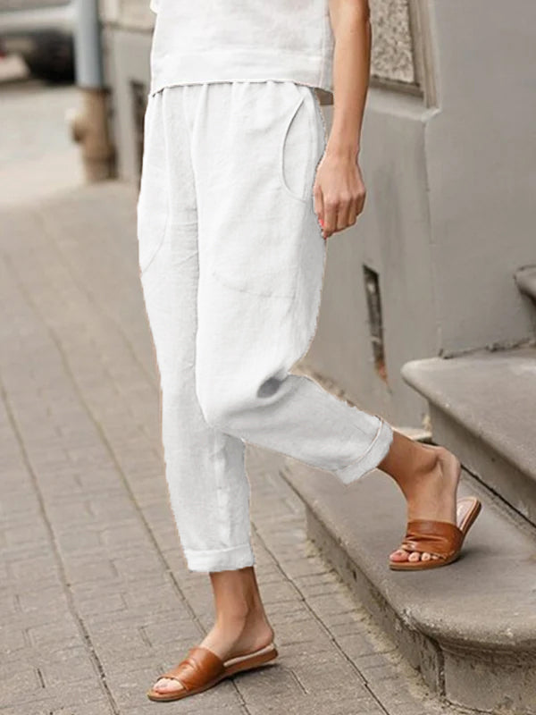 Leinen-Baumwoll-Hose für Damen, große Größen, locker geschnitten