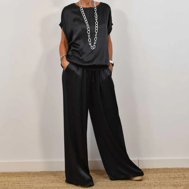 Women's satin short sleeve top and pants two-piece set