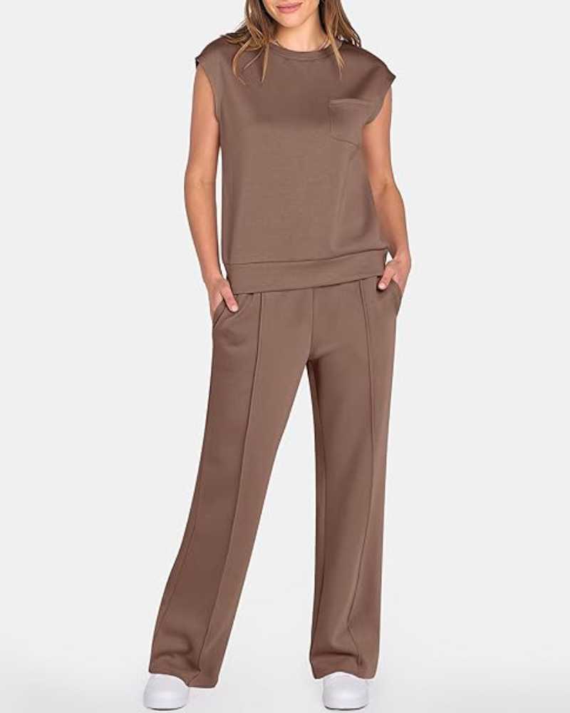 Women's Solid Tank Top & Drawstring Waist Wide Leg Pants Two-piece Set