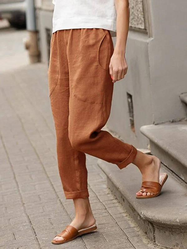 Leinen-Baumwoll-Hose für Damen, große Größen, locker geschnitten