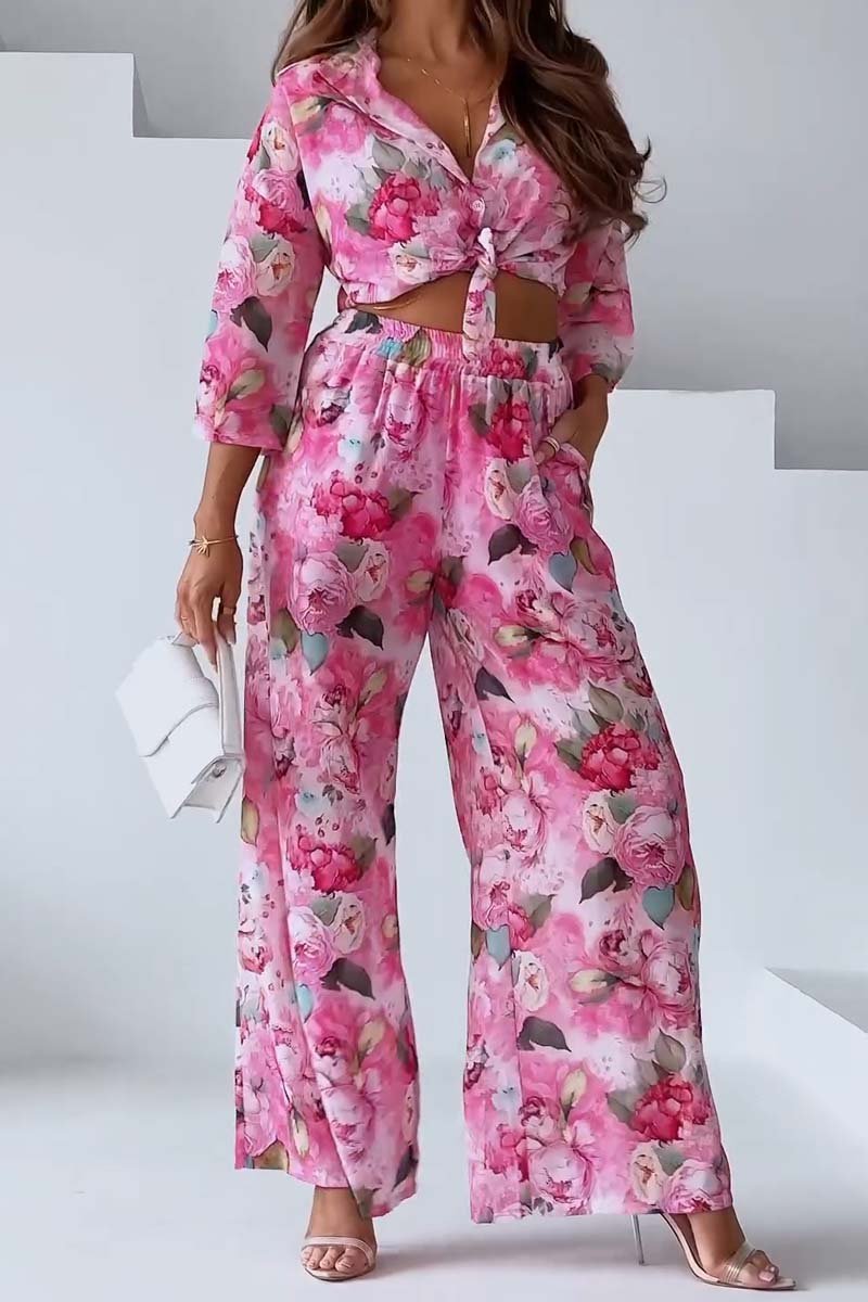 Damen Zweiteiliges Set mit lässiger Blumenhose mit weitem Bein