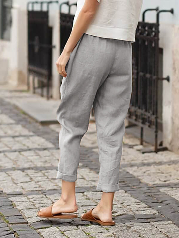 Leinen-Baumwoll-Hose für Damen, große Größen, locker geschnitten