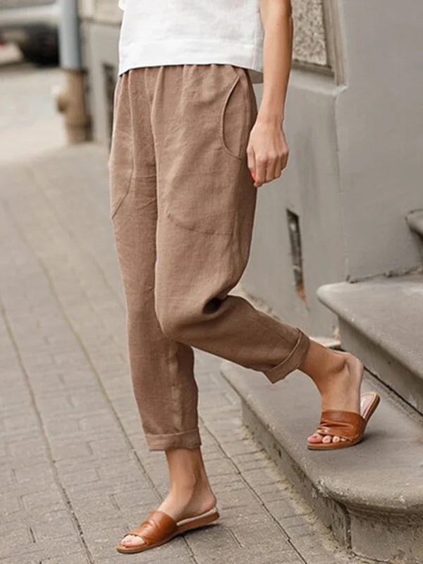 Leinen-Baumwoll-Hose für Damen, große Größen, locker geschnitten