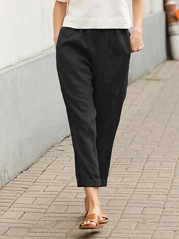 Leinen-Baumwoll-Hose für Damen, große Größen, locker geschnitten