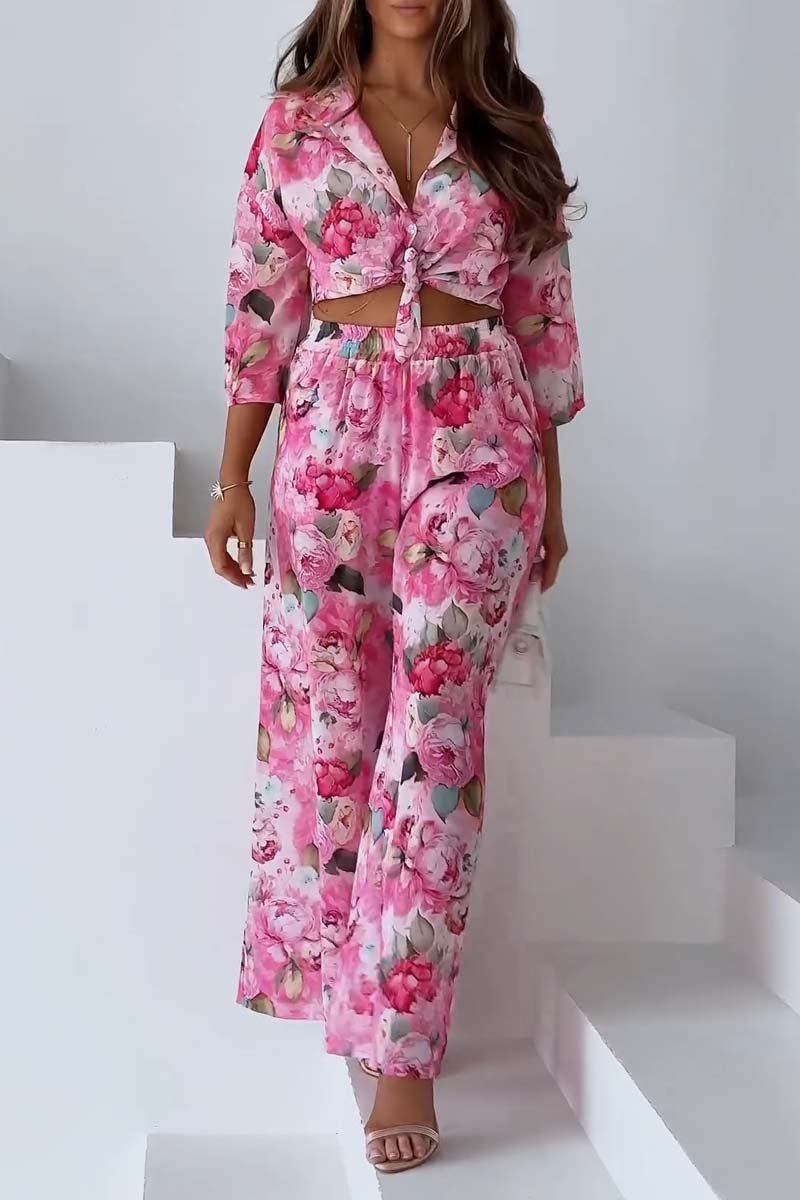 Damen Zweiteiliges Set mit lässiger Blumenhose mit weitem Bein