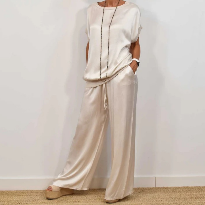 Women's satin short sleeve top and pants two-piece set