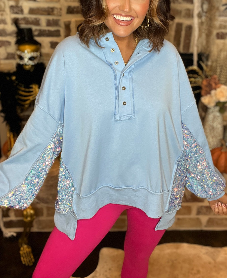 Damen Pailletten Colorblock Henley Sweatshirt (Kaufe 2 versandkostenfrei)