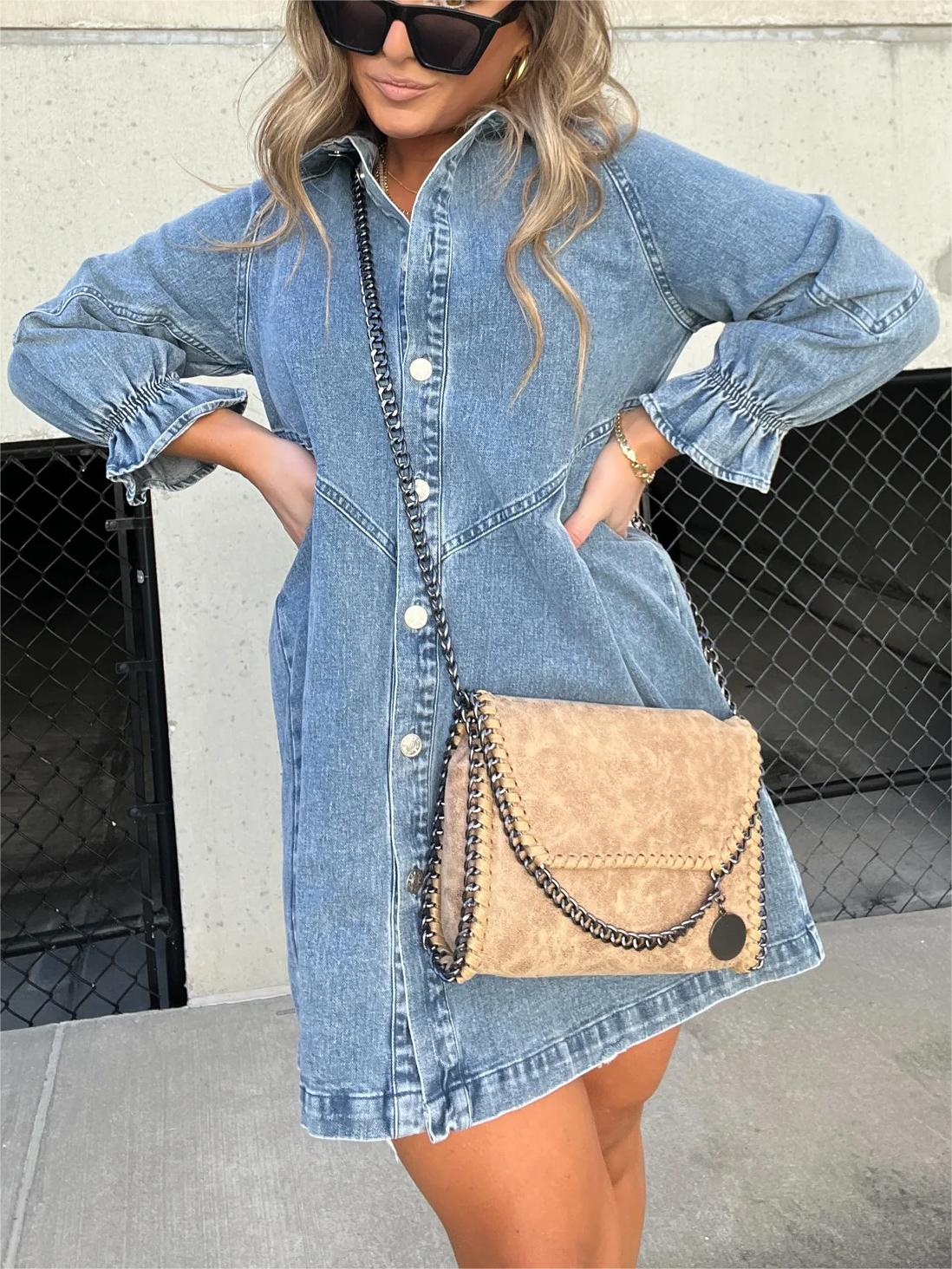 Neues Washed-Denim-Kleid mit Puffärmeln (2 kaufen, kostenloser Versand)