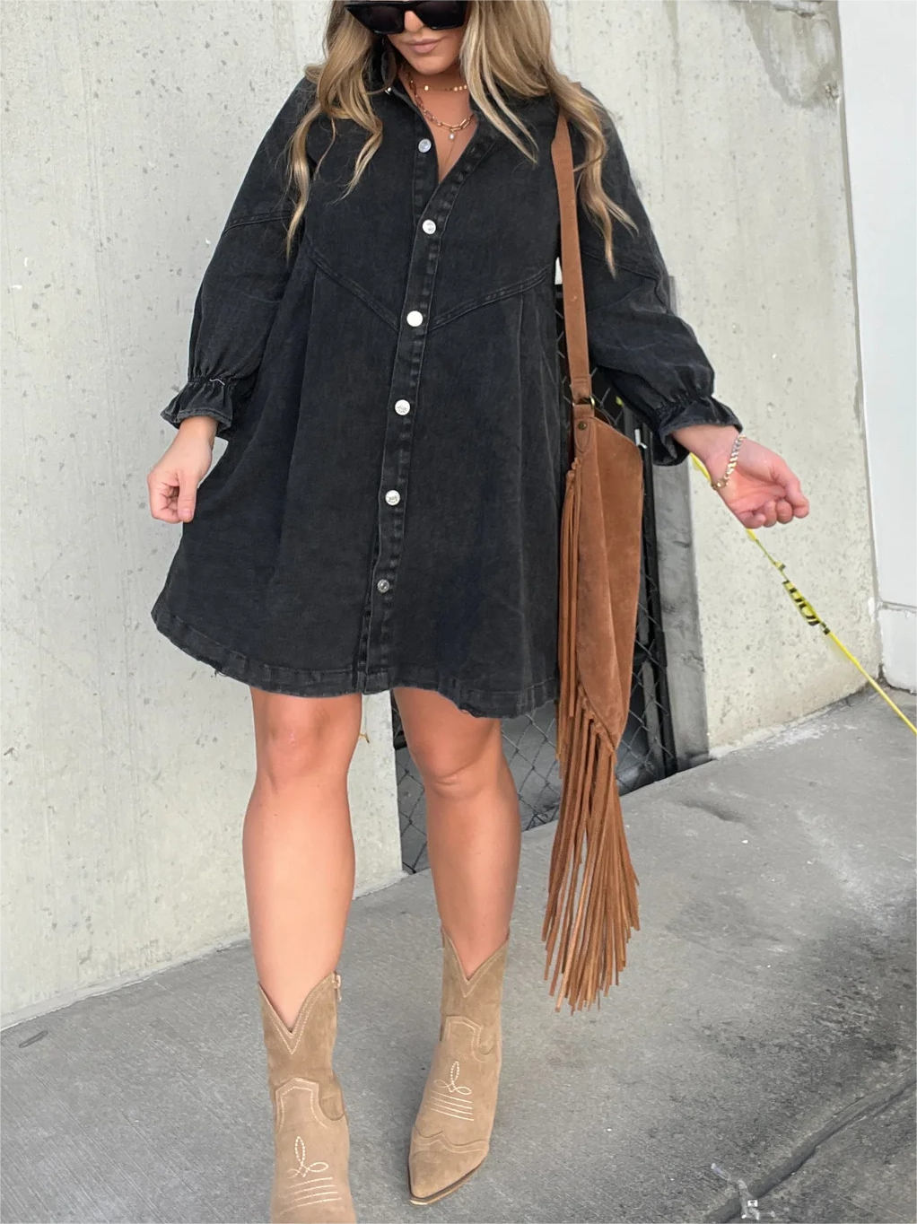 Neues Washed-Denim-Kleid mit Puffärmeln (2 kaufen, kostenloser Versand)