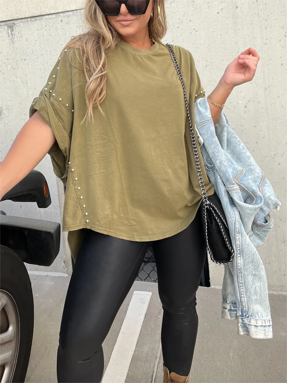Washed Roll Sleeve Studded Oversized Short Sleeve Top  (Buy 2 Free Shipping)