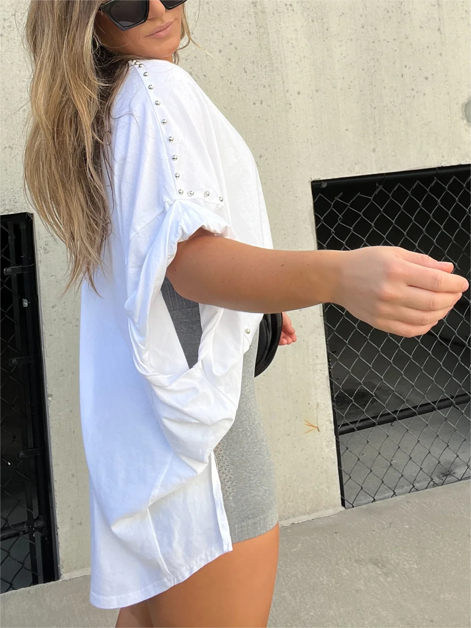 Washed Roll Sleeve Studded Oversized Short Sleeve Top  (Buy 2 Free Shipping)