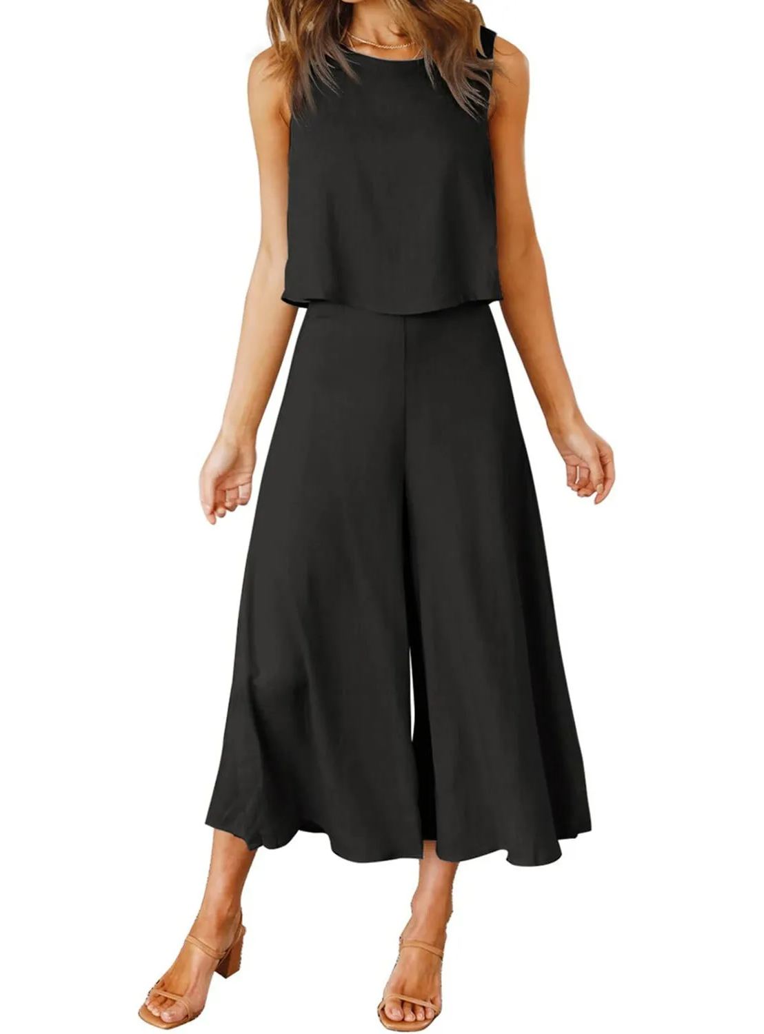 Damen ärmelloses Tank Crop Top und weites, fließendes Hosen-Set (Kaufe 2, versandkostenfrei)