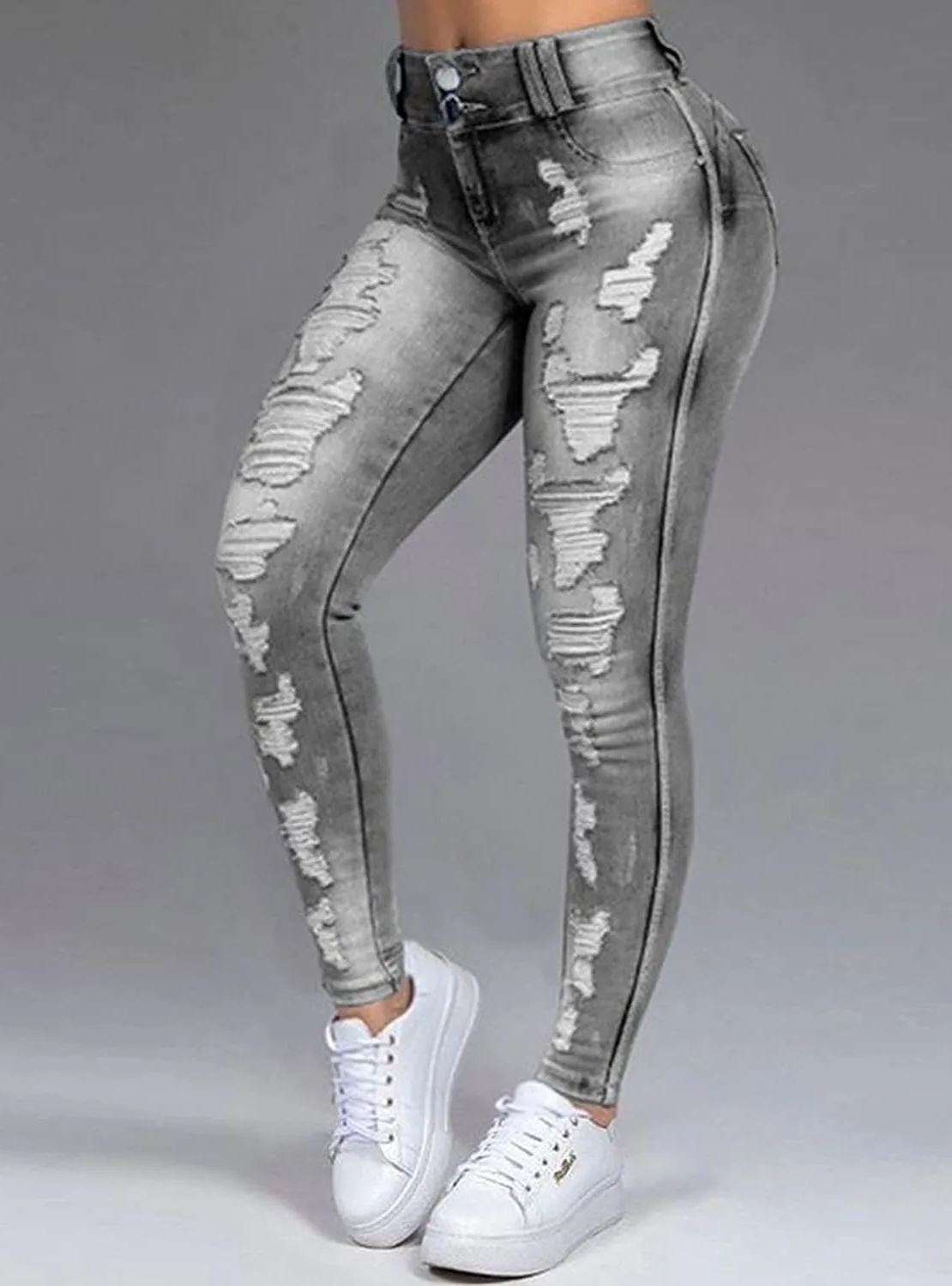 Doppelknopf-Ripped-Skinny-Stretch-Jeans