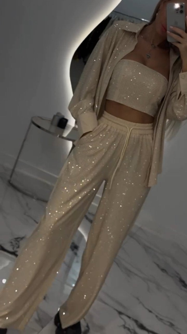 Damen-Revers-Strass-Freizeit-Dreiteiler