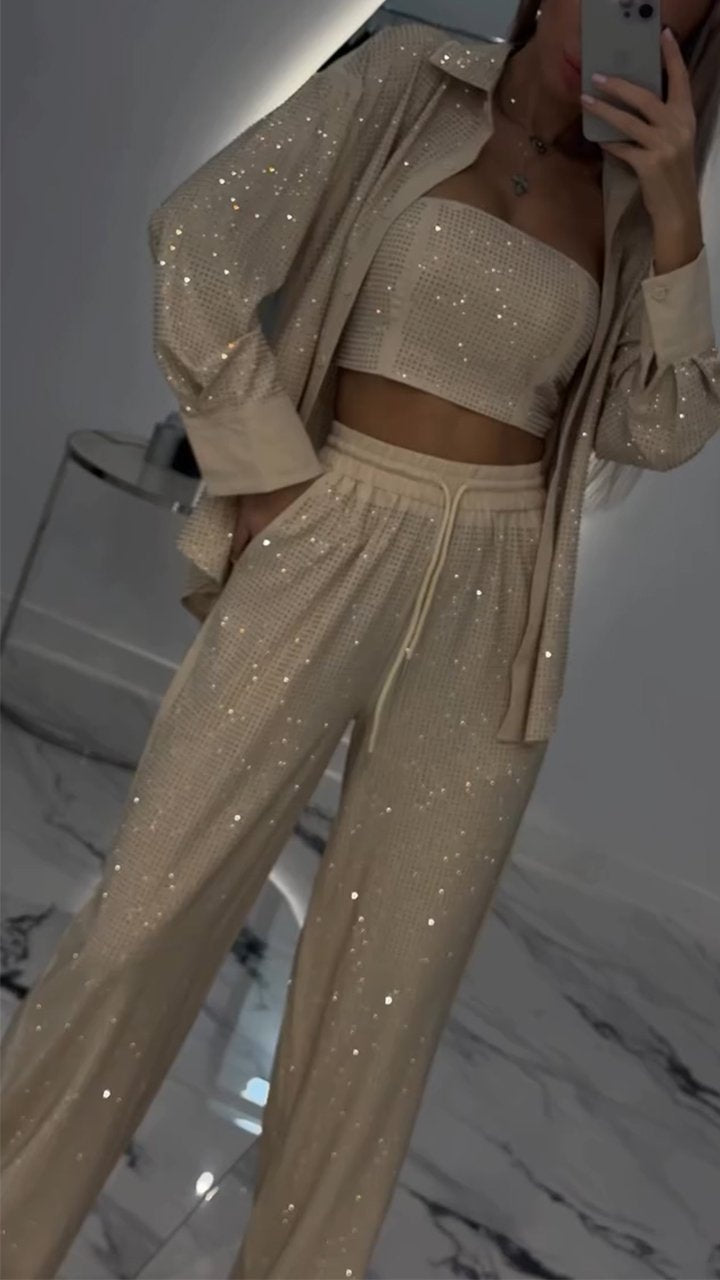 Damen-Revers-Strass-Freizeit-Dreiteiler