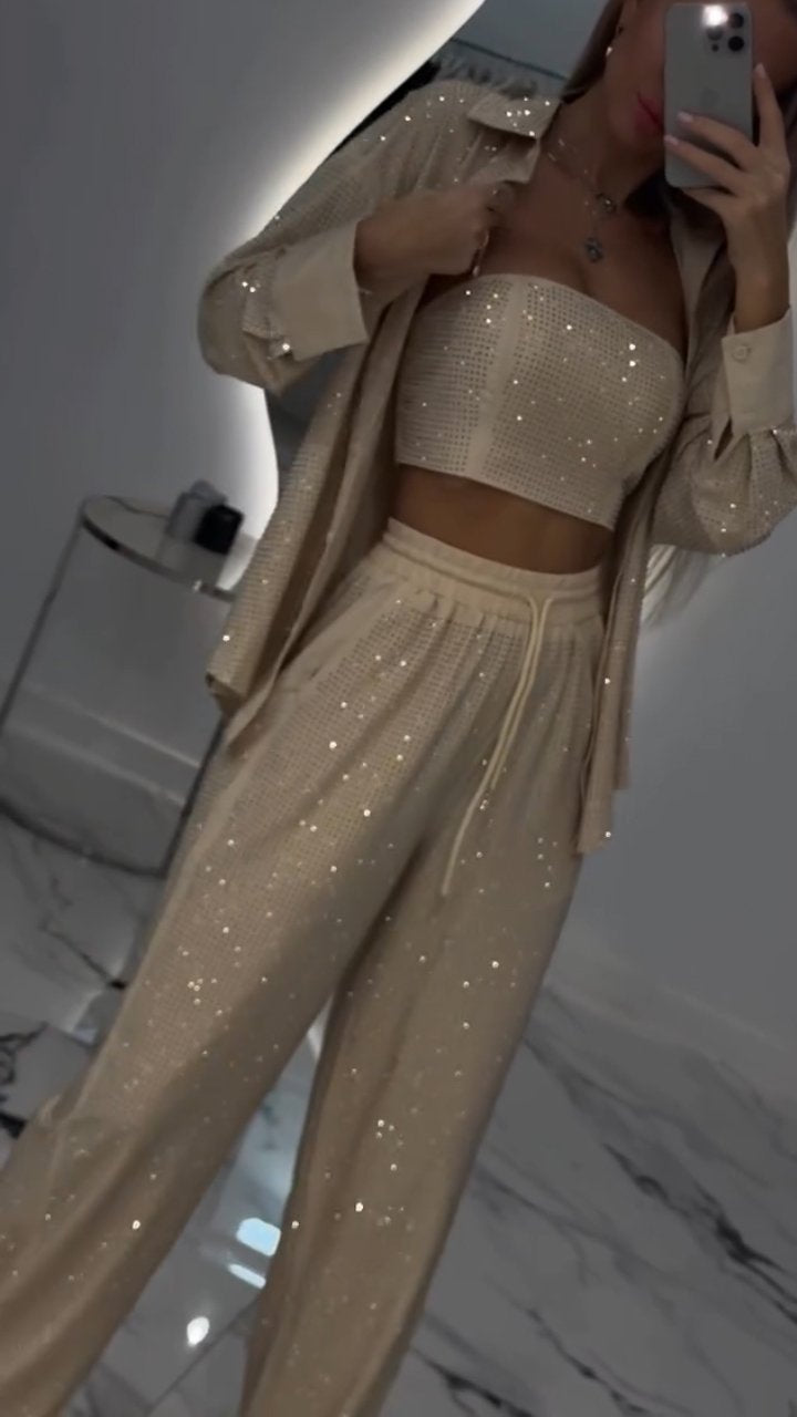 Damen-Revers-Strass-Freizeit-Dreiteiler