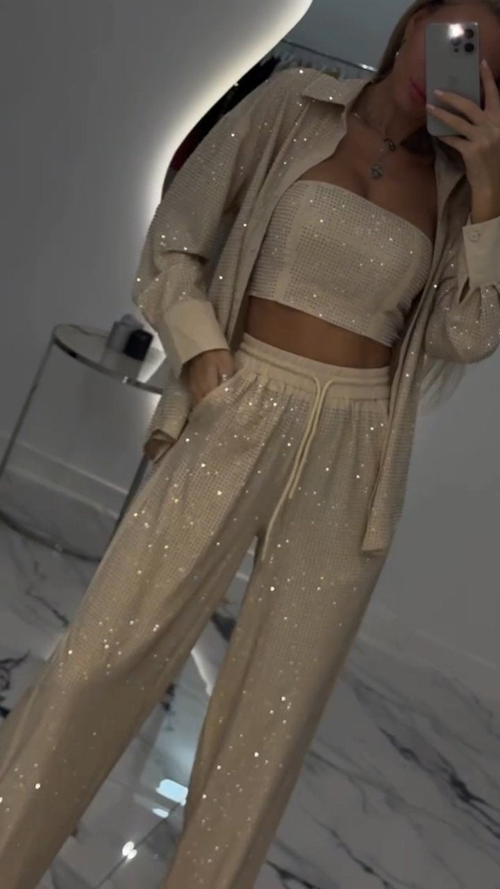 Damen-Revers-Strass-Freizeit-Dreiteiler