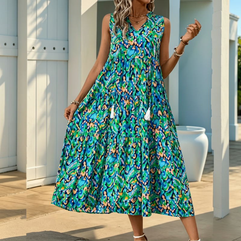 Models-Women's Sleeveless Abstract Print Tiered Midi Dress